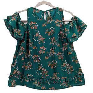 Xhilaration‎ Floral Blouse XS Green Juniors Cold Shoulder Cutout Ruffle Keyhole